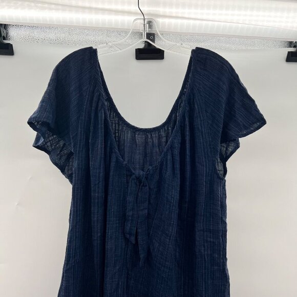 Kona Sol Women's Short Sleeve Textured Top Navy Size Medium Lightweight Tie Neck - Picture 2 of 8